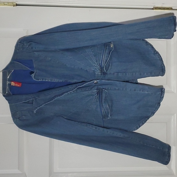 Apple Bottom Y2K Sunburst Stitch Lined Denim Shoulder Pad Stretch Jacket XL - Picture 1 of 13